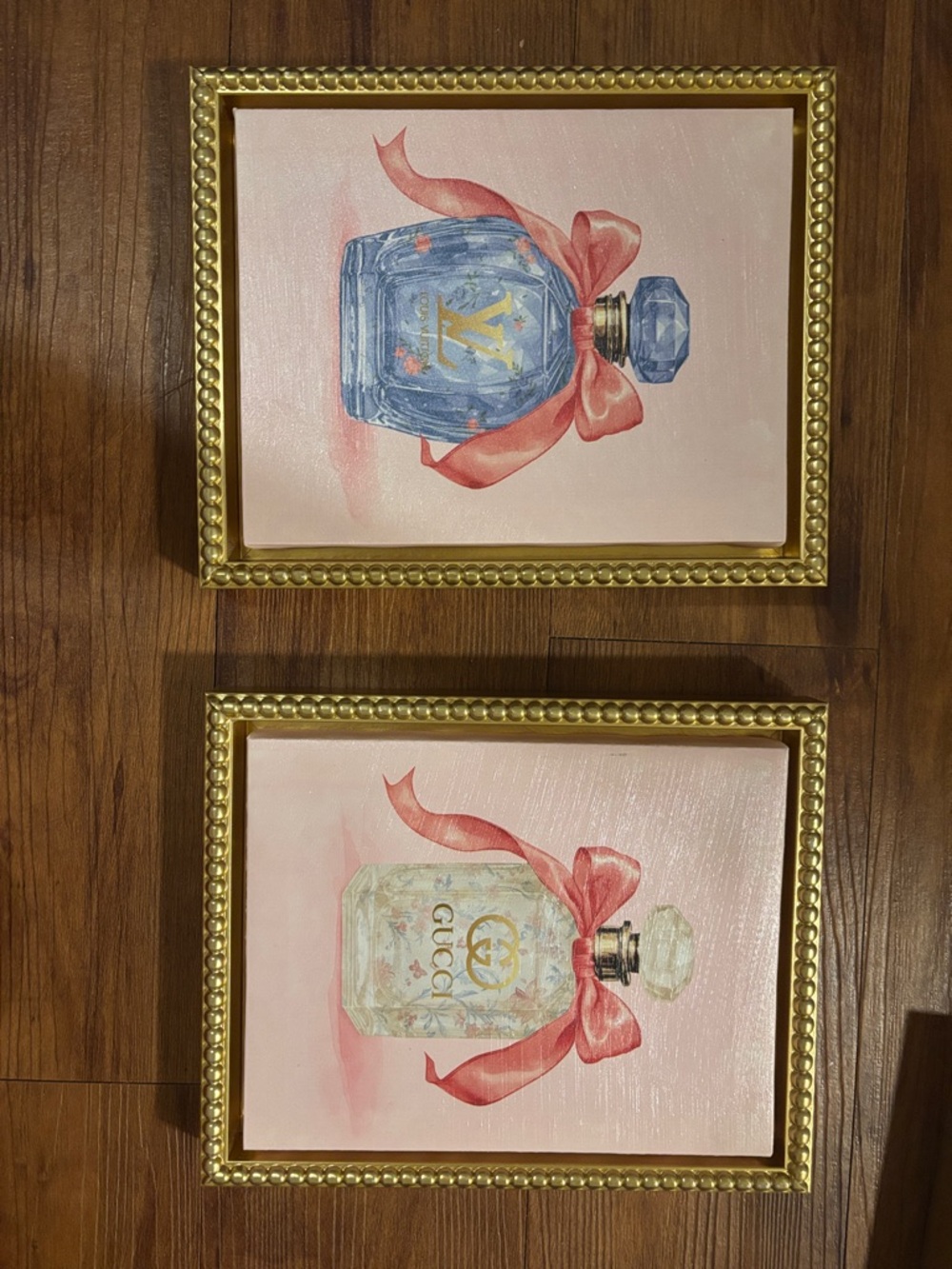 Lightweight 8x10 Framed Perfume Bottle Art Pair - Pink, Blue & Cream SET OF 2!